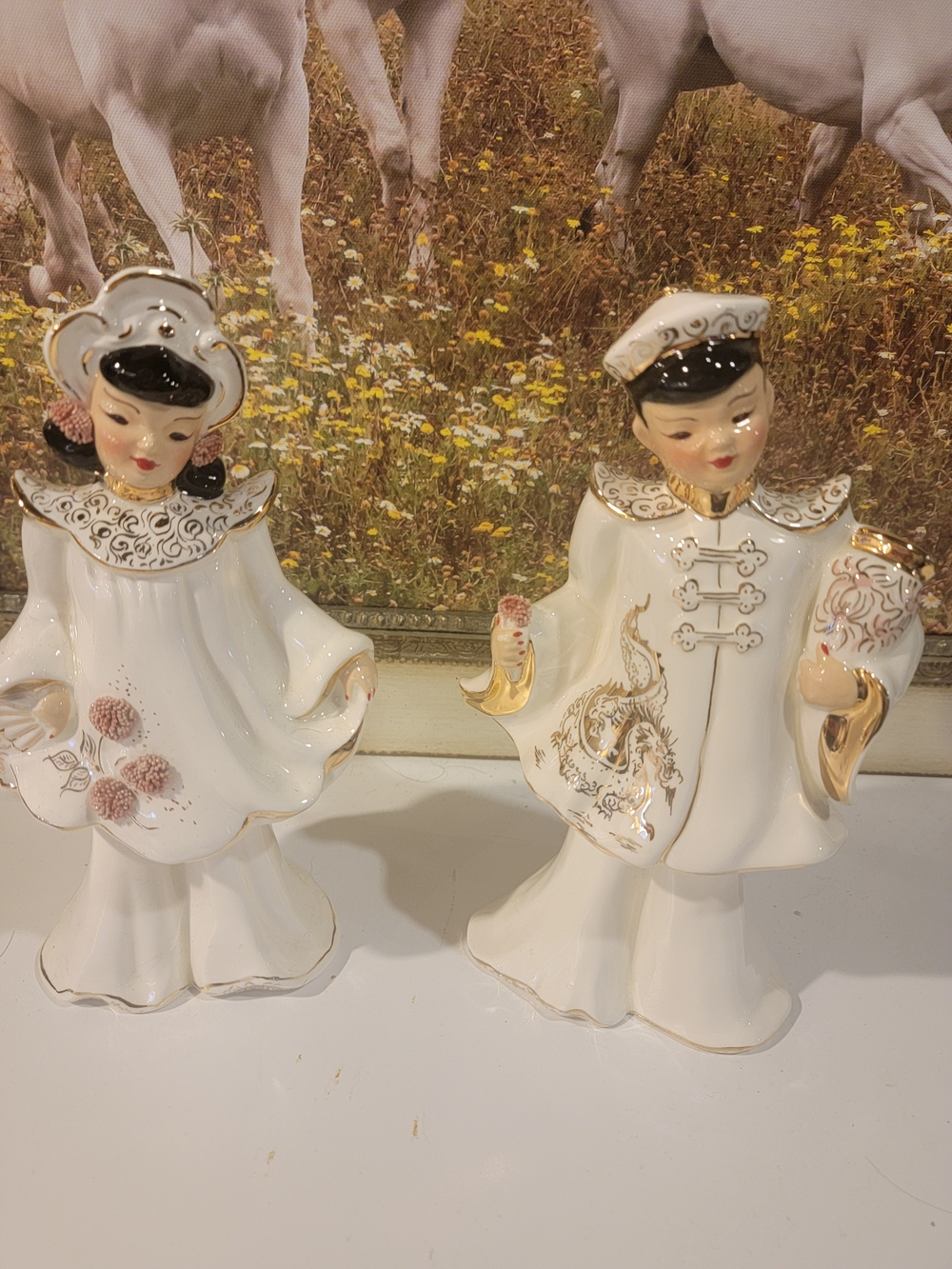 Vtg Mid Century FLORENCE CERAMICS Figurines Asian Couple Spaghetti Flowers 8 in